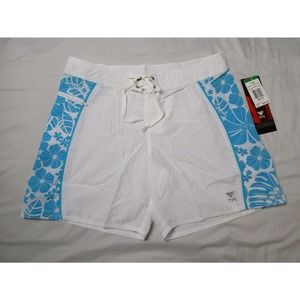 TYR Board Shorts Medium Womens White Blue Floral Pocket Drawstring No Brief $44